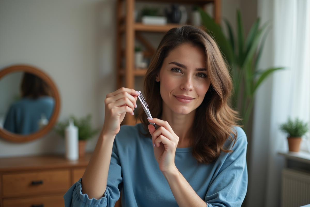 Femme se coupant les cheveux avec ciseaux dans sa chambre cosy