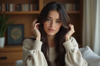 Femme en sweater enveloppant un kardoune dans ses cheveux longs