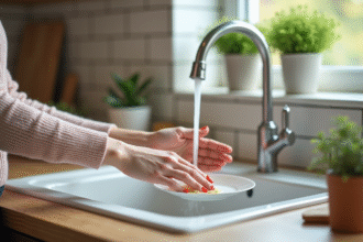 Jeune femme lavant la vaisselle avec ongles gel manucurés