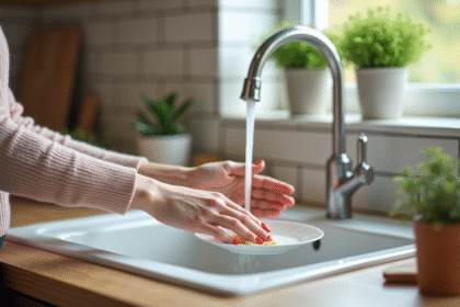 Jeune femme lavant la vaisselle avec ongles gel manucurés