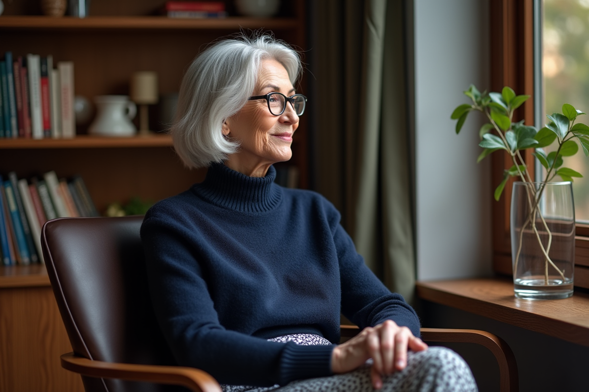 Femme de 60 ans assise dans un intérieur chaleureux