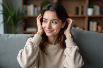Femme brunette se massant le cuir chevelu dans un salon cosy