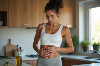 Femme appliquant de l'huile d'olive sur le ventre dans une cuisine chaleureuse