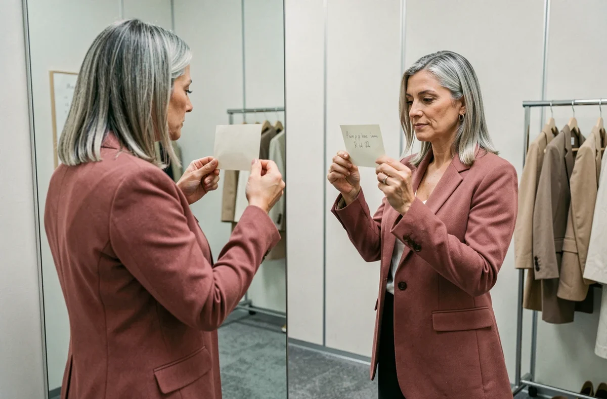Femme mature face à un miroir tenant une citation beauté dans une cabine d'essayage élégante