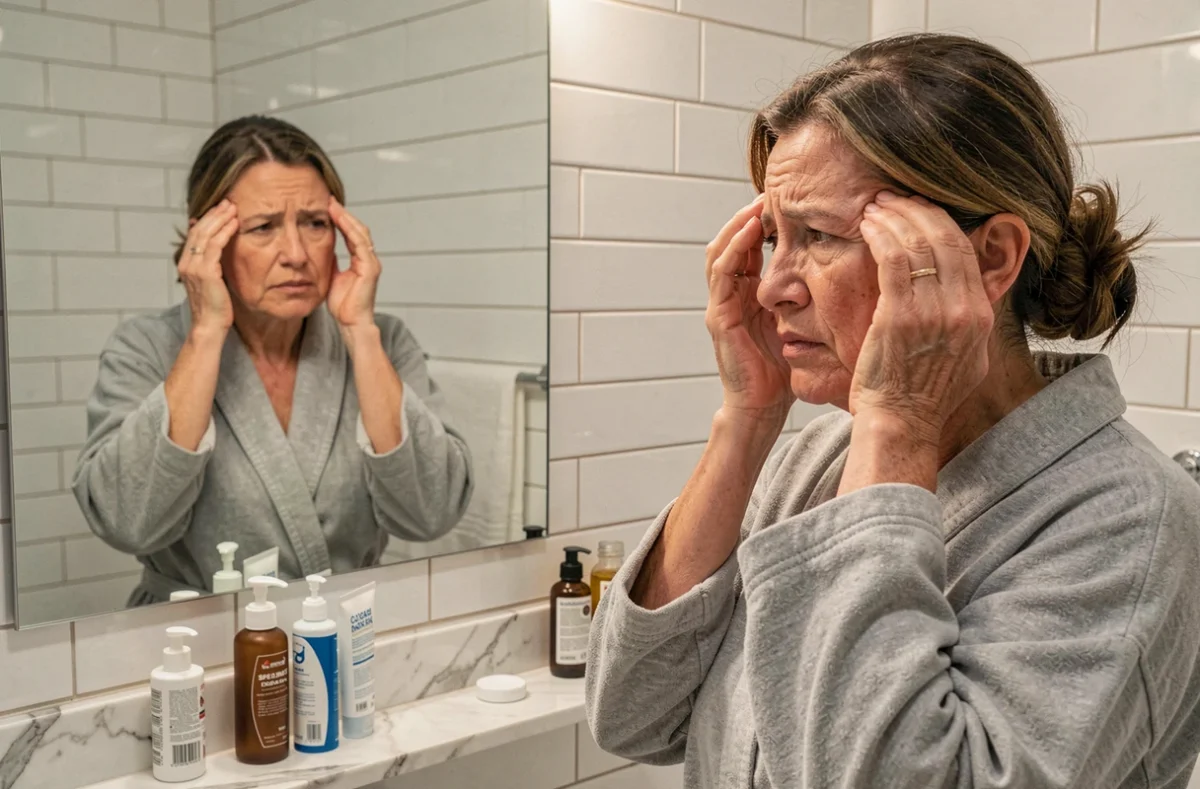 Femme mature s'examinant les paupières devant un miroir de salle de bain, exprimant une inquiétude liée aux résultats d'une blépharoplastie