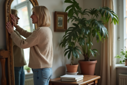 Femme en intérieur regardant un miroir vintage avec sérénité