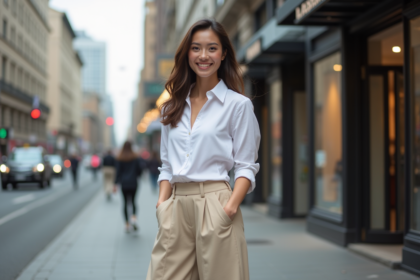Femme élégante en pantalon beige en ville