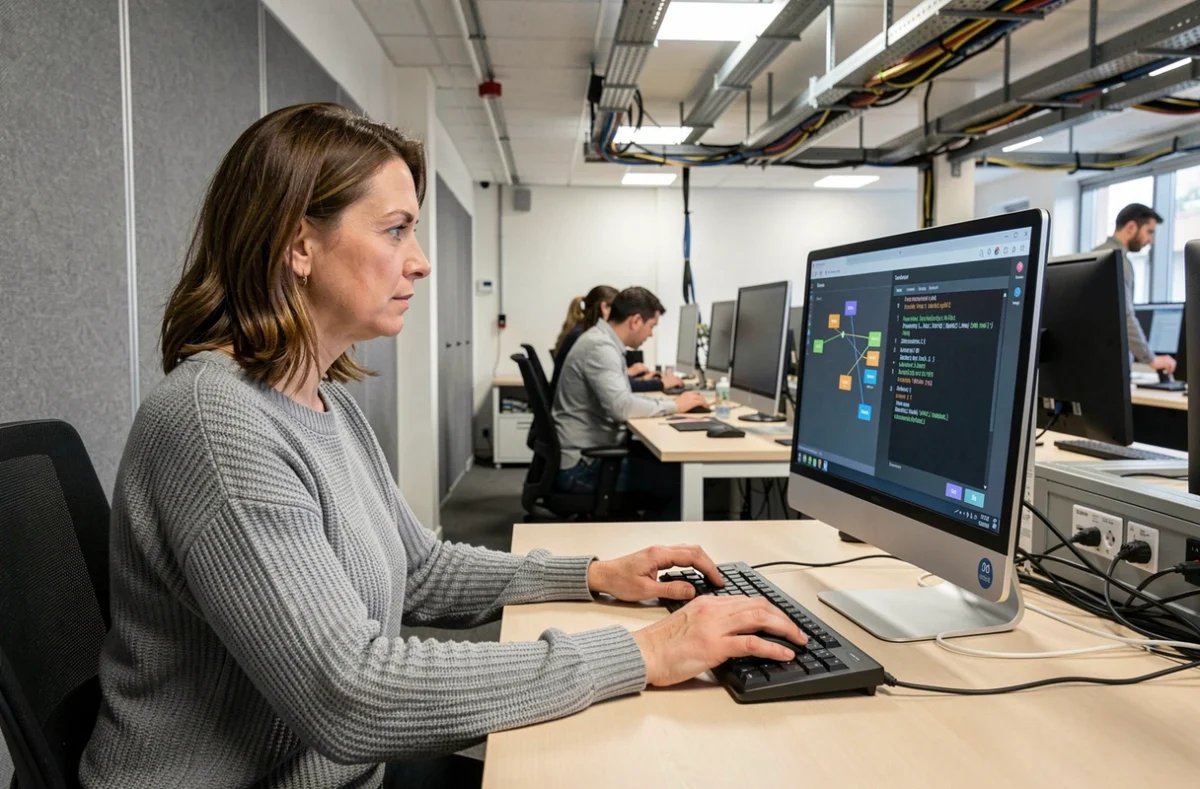 Femme en open space confrontée à un problème de réseau Hairnet sur son ordinateur de bureau