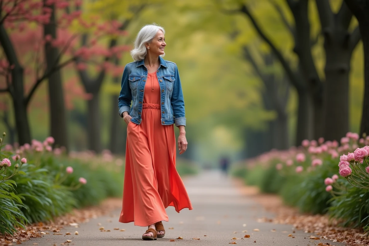 Femme confiante marchant dans un parc fleuri en robe corail