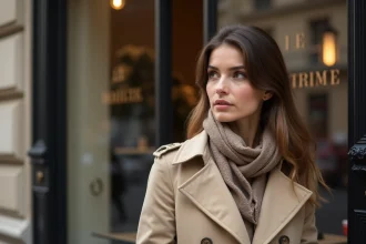 Femme élégante en trench beige devant une boutique parisienne