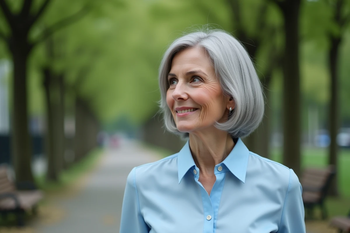 Femme aux cheveux courts dans un parc urbain verdoyant