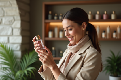 Jeune femme élégante appliquant du parfum dans une boutique moderne