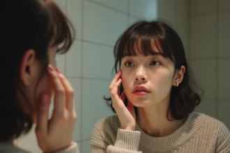 Femme regardant son reflet avec une frange épaisse