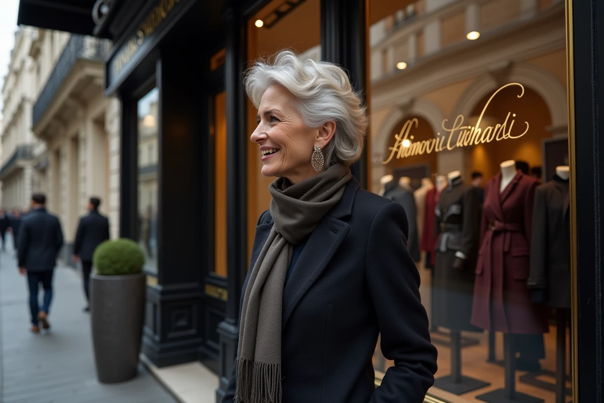 Femme sophistiquée admire son reflet dans une vitrine parisienne