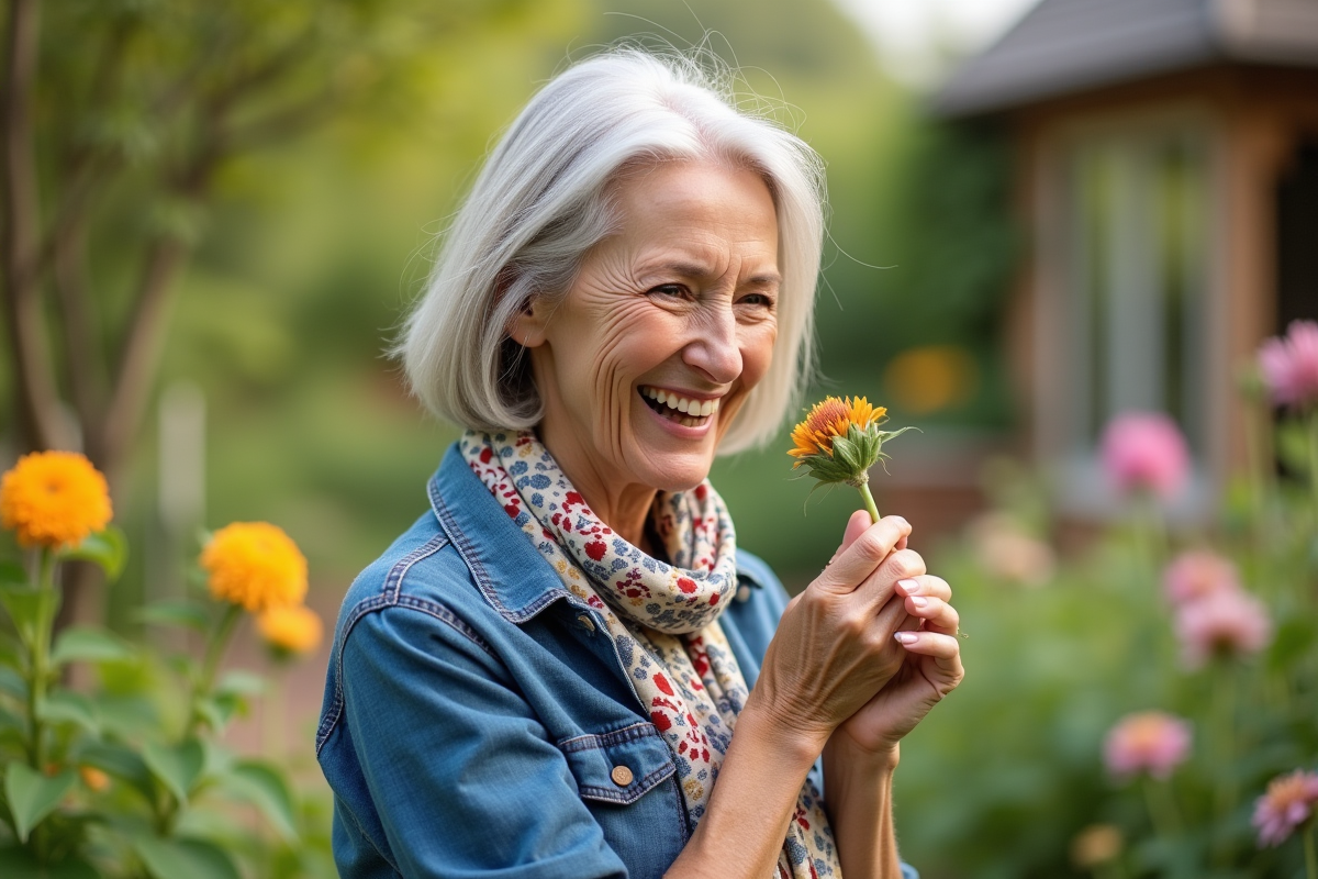 Femme souriante avec foulard dans un jardin botanique