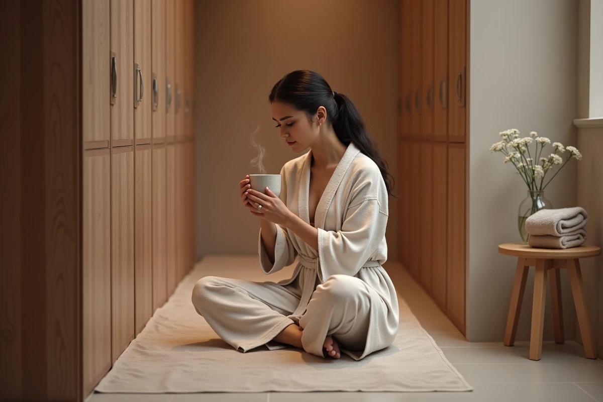 Femme en robe de soin tenant une tasse de tisane dans un vestiaire cosy d'un spa bien-être à Paris