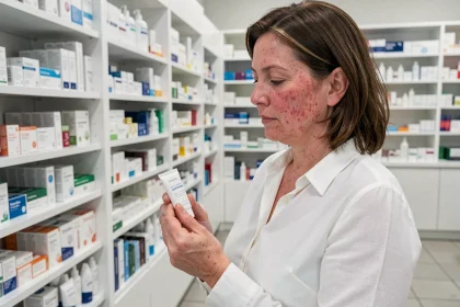 Femme avec rougeurs de rosacée examinant un produit de soin en pharmacie