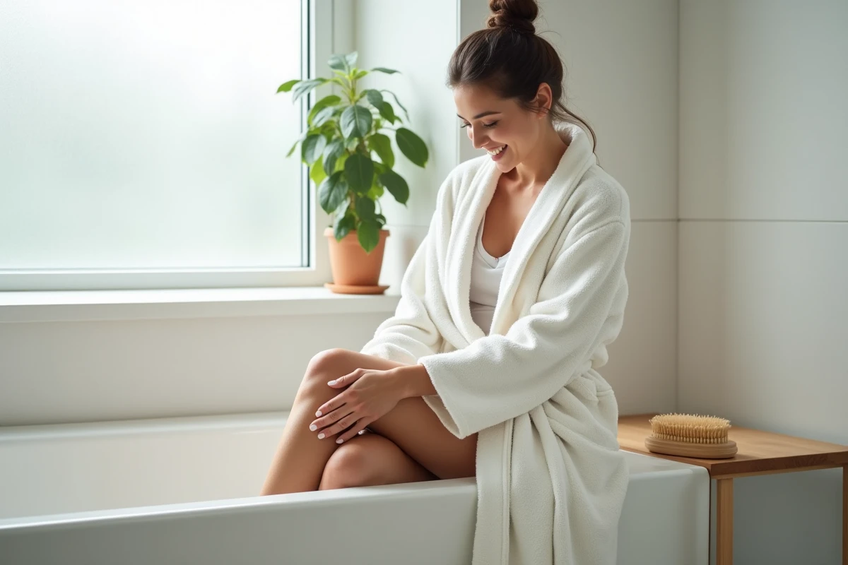 Femme appliquant une crème raffermissante dans une salle de bain minimaliste dans le cadre d'une routine anti-cellulite