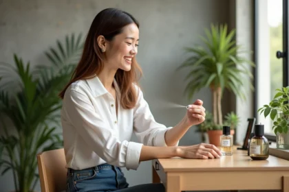 Femme souriante appliquant du parfum dans un intérieur moderne