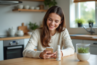 Femme souriante scanne un produit cosmétique dans la cuisine