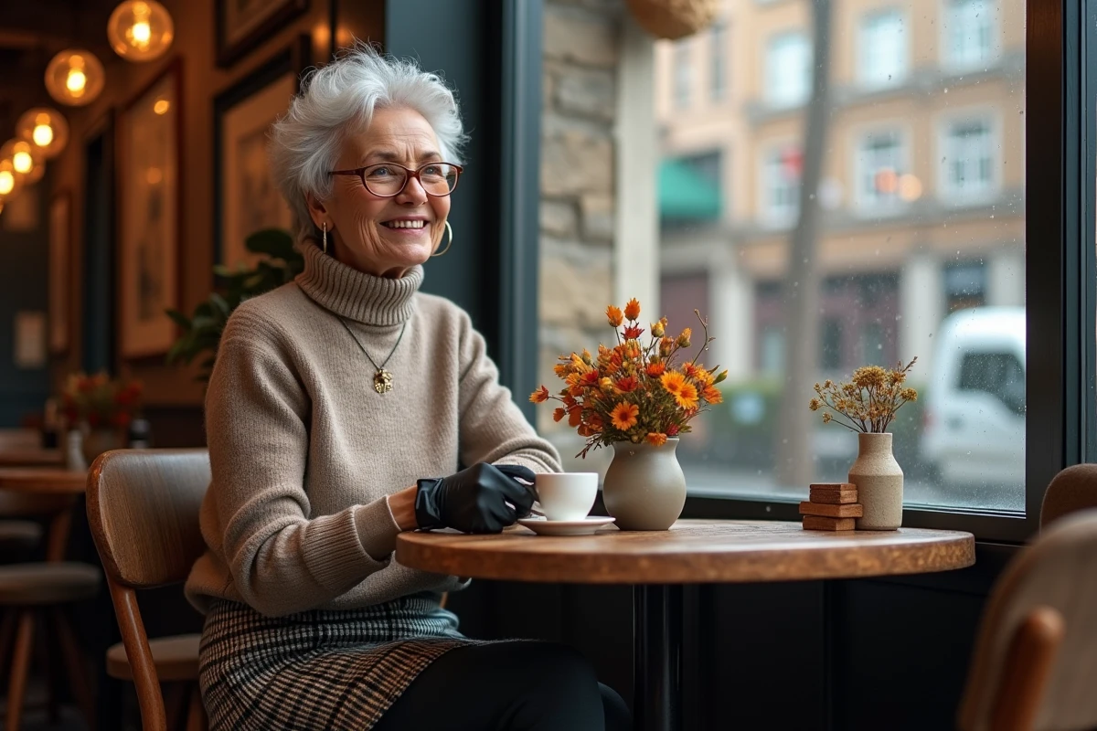 Femme souriante sirotant son café au café