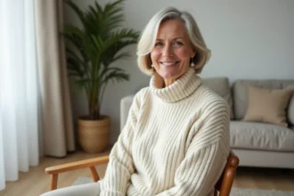 Femme élégante de 60 ans souriante dans un salon scandinave