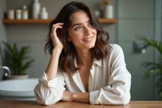 Femme calme touchant ses cheveux dans une salle de bain chaleureuse
