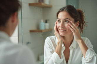 Femme regardant son reflet dans un miroir de salle de bain