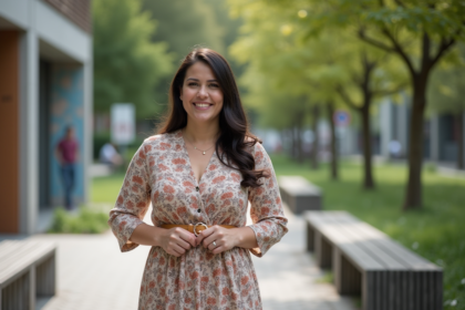 Femme souriante en robe midi dans un parc urbain