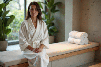 Femme en peignoir blanc dans un spa calme et élégant
