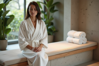 Femme en peignoir blanc dans un spa calme et élégant