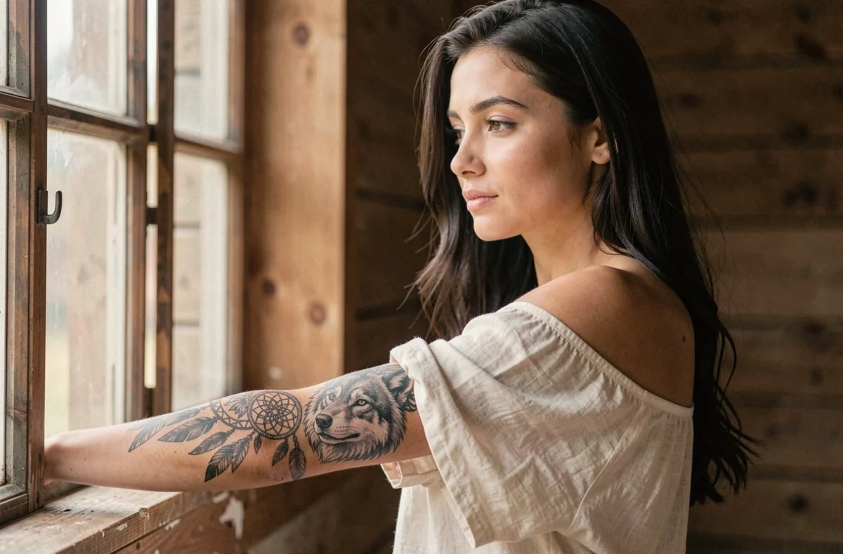 Jeune femme affichant fièrement son tatouage tribal loup et attrape-rêves en noir et gris sur l'avant-bras dans un intérieur rustique