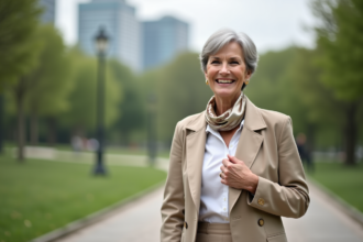Femme élégante de 60 ans en trench beige dans un parc urbain