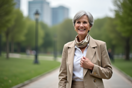 Femme élégante de 60 ans en trench beige dans un parc urbain