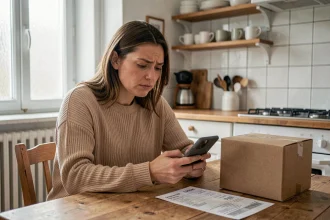 Femme vérifiant les délais de livraison Primor sur son téléphone à côté d'un colis et d'une confirmation de commande