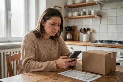 Femme vérifiant les délais de livraison Primor sur son téléphone à côté d'un colis et d'une confirmation de commande