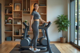 Femme en tenue de sport sur plateforme vibrante dans un gym moderne