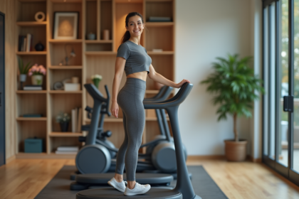 Femme en tenue de sport sur plateforme vibrante dans un gym moderne