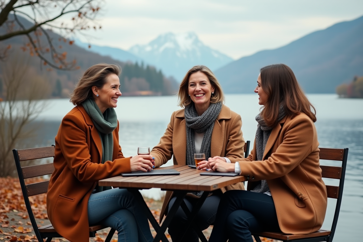 Trois femmes discutant à une terrasse au bord du lac en automne
