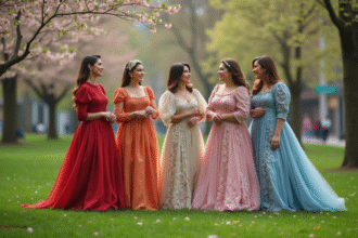 Groupe de femmes en tenues traditionnelles dans un parc au printemps