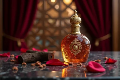 Flacon de parfum oriental Abdul Samad Al Qurashi en verre ambré avec bouchon doré sur marbre noir et pétales de rose séchés