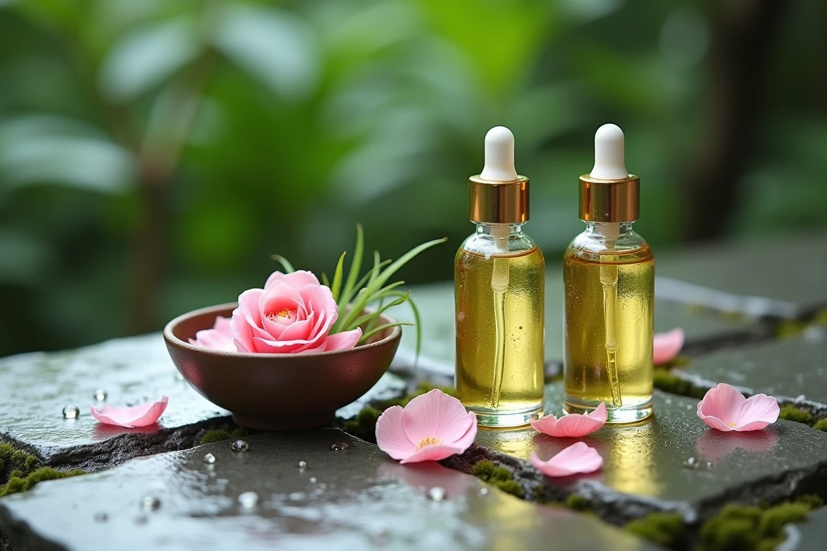 Flacons d'essence cosmétique en verre sur pierre naturelle avec pétales de rose, soins repulpants innovants