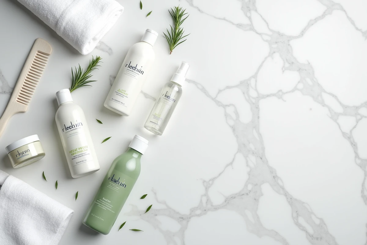 Flat lay de produits capillaires professionnels Cutrins et Kérastase sur marbre blanc pour routine salon à domicile