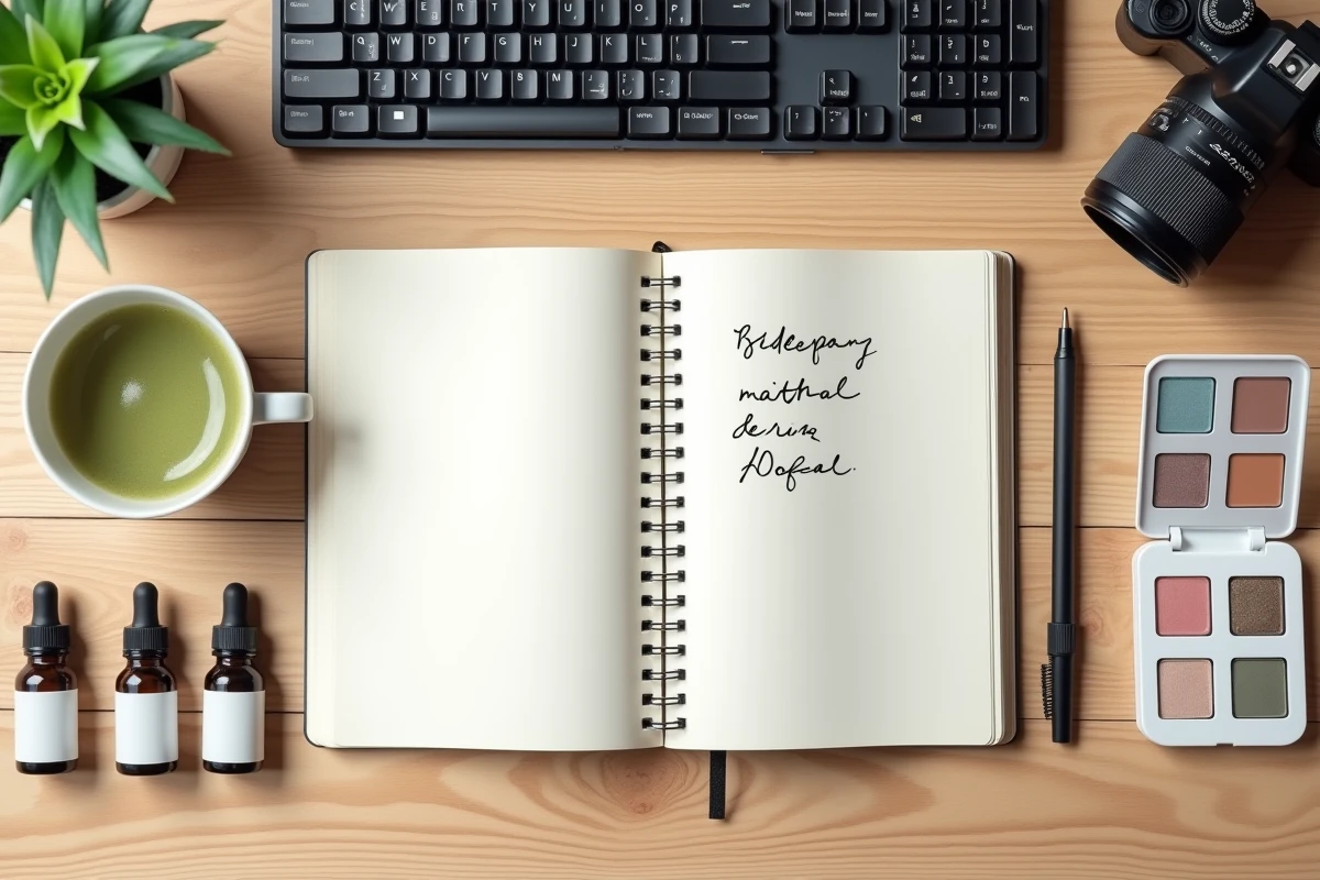 Flatlay d'un espace de travail de blogueur beauté geek avec journal bullet, clavier mécanique, palette de fards et produits skincare sur table en bois clair