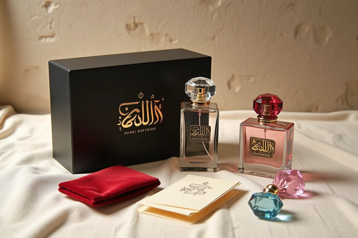 Flatlay élégant de produits de la maison de parfum orientale Abdul Samad Al Qurashi avec coffret laqué noir, flacons en cristal et pochette en velours sur lin crème