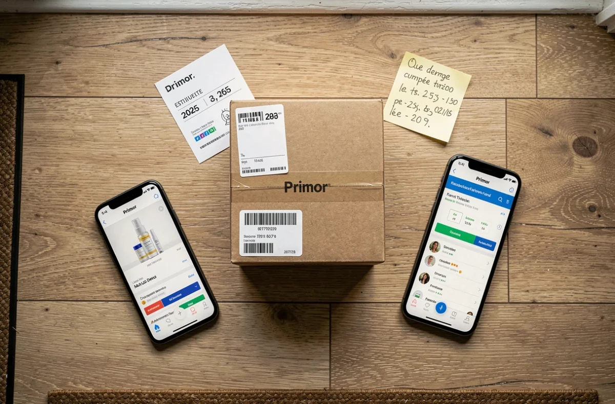 Vue aérienne d'un colis de livraison Primor avec étiquette et suivi de commande sur smartphone