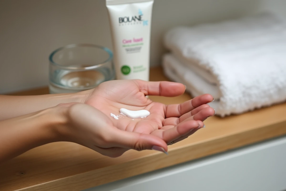 Gros plan des mains appliquant la crème hydratante Biolane avec texture visible sur la peau