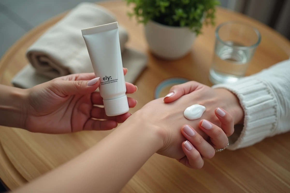 Gros plan de mains appliquant une crème réparatrice sur une peau sensible et rougie