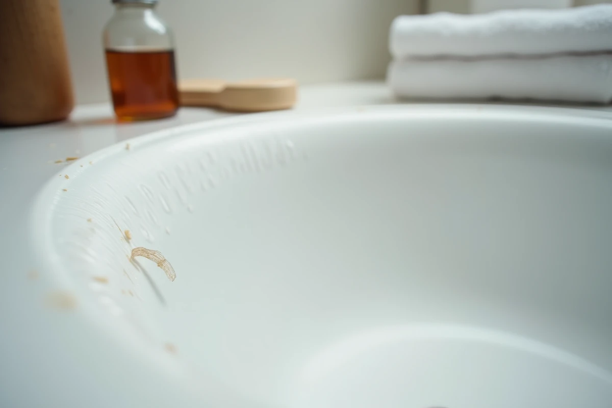 Gros plan d'une mèche de cheveux blancs tachée par la bétadine posée sur un lavabo en céramique