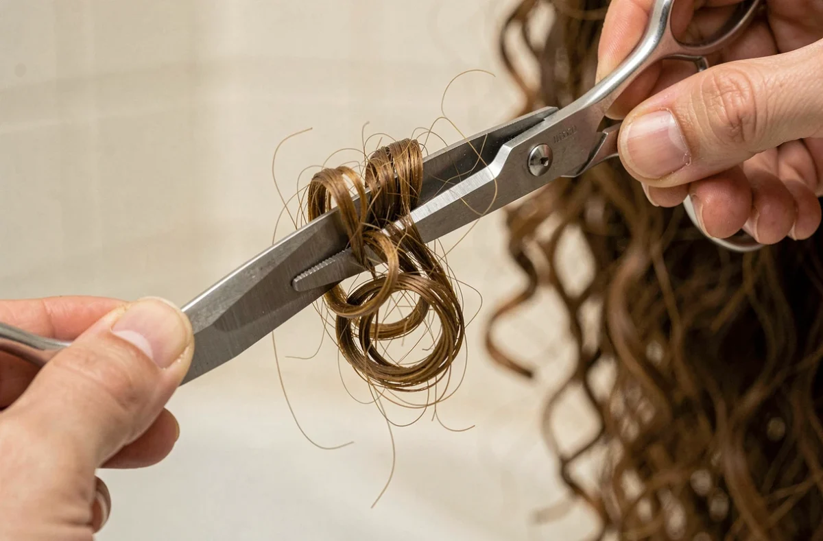 Gros plan de ciseaux de coiffure qui coupent une boucle de cheveux frisés naturels à la maison